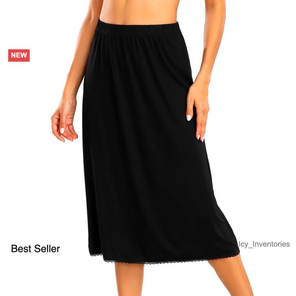 Long Half Slip Under Skirt with Lace Trim Elegant Minimal Chic Evening Wear - Picture 1 of 7
